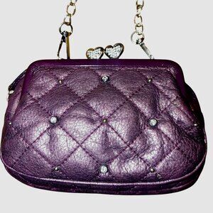 Brighton Small Hand Bag Metallic Purple Quilted Evening Clutch Rhinestone Heart